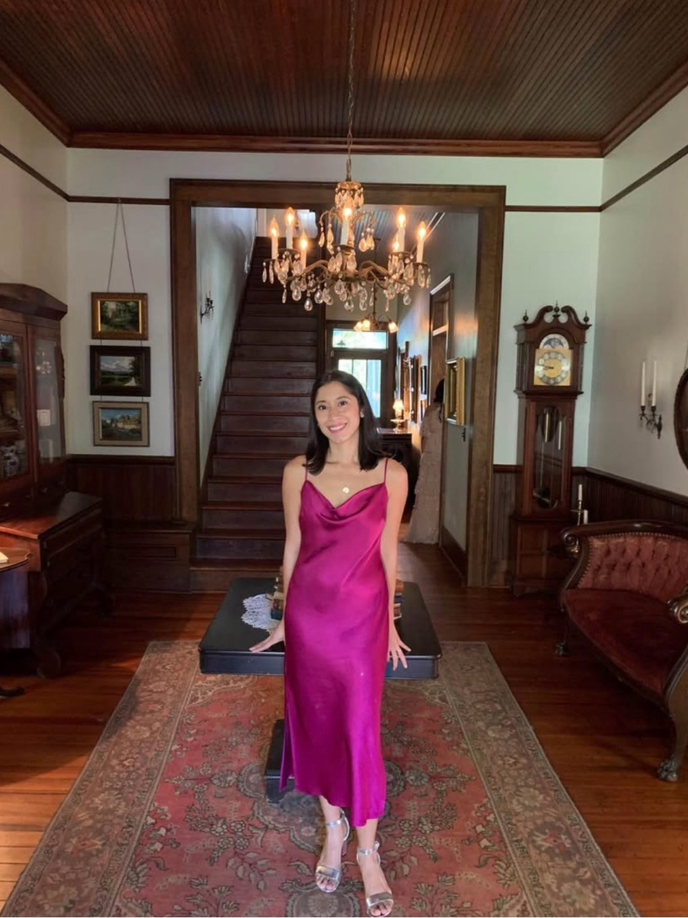 Express Satin Midi Slip Dress in Berry Pink